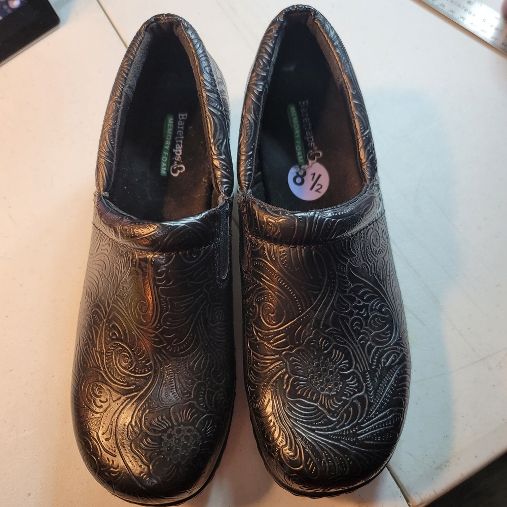 Black Embossed Leather Clogs. Baretraps, Size 8.5